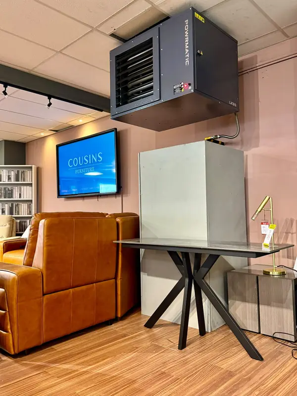 A Powrmatic LX30 gas-fired heater installed in a furniture showroom