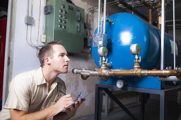 Engineers inspecting a large industrial boiler